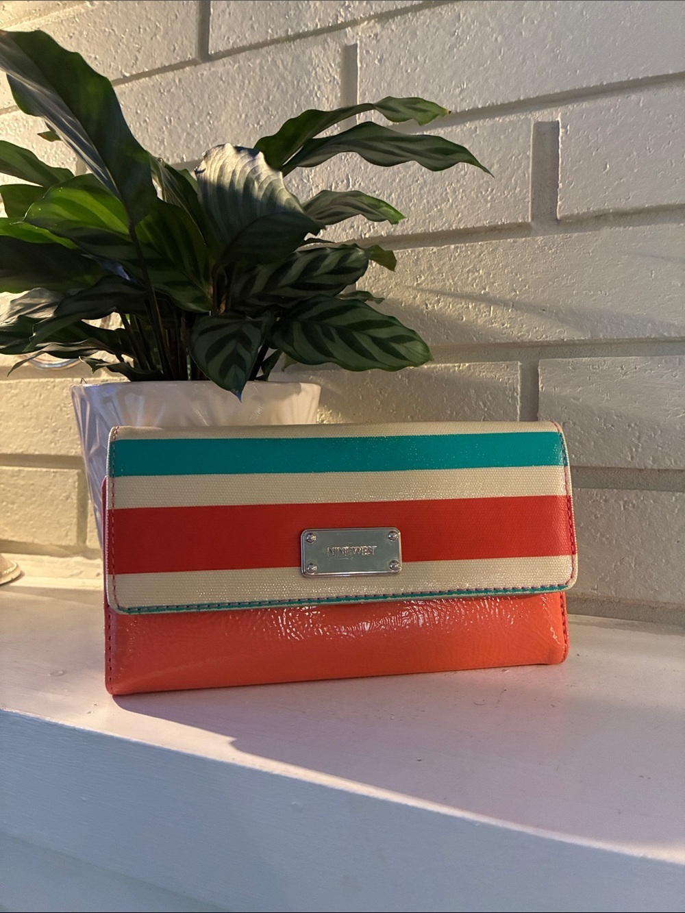 Nine West Teal Red Orange Cream Striped Wallet